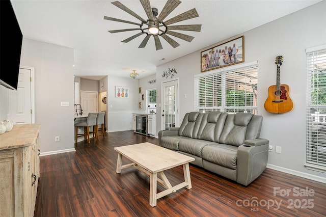 108 Shade Tree Cir, Fort Mill, SC 29715 - living room featuring beverage cooler, a ceiling fan, and dark wood-type flooring