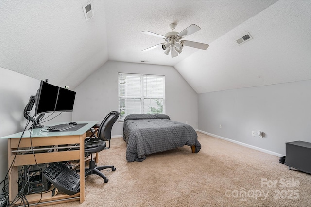 108 Shade Tree Cir, Fort Mill, SC 29715 - carpeted bedroom featuring vaulted ceiling, a textured ceiling, a desk, and ceiling fan