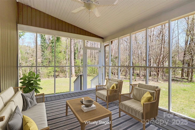 12300 Caldwell Rd, Charlotte, NC 28213 - sunroom with an outdoor hangout area, ceiling fan, lofted ceiling, and plenty of natural light