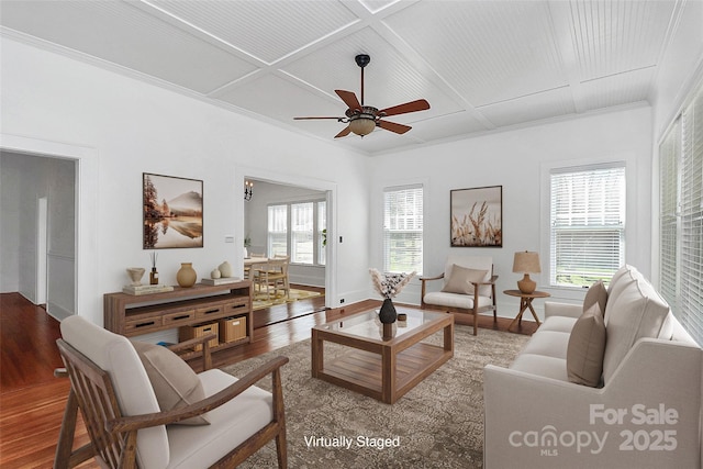 12300 Caldwell Rd, Charlotte, NC 28213 - living room featuring wood finished floors, coffered ceiling, ceiling fan, plenty of natural light, and ornamental molding
