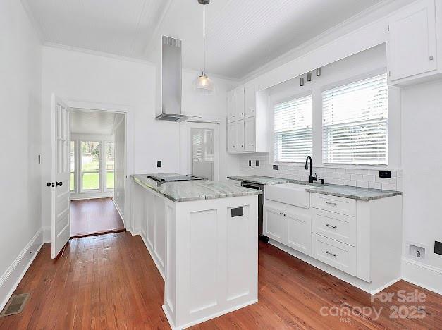 12300 Caldwell Rd, Charlotte, NC 28213 - kitchen with wall chimney range hood, light stone counters, white cabinetry, dark wood finished floors, and ornamental molding