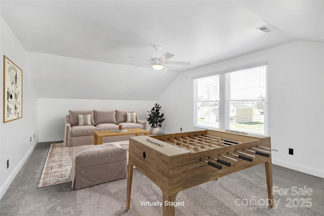 12300 Caldwell Rd, Charlotte, NC 28213 - playroom featuring vaulted ceiling, ceiling fan, and carpet