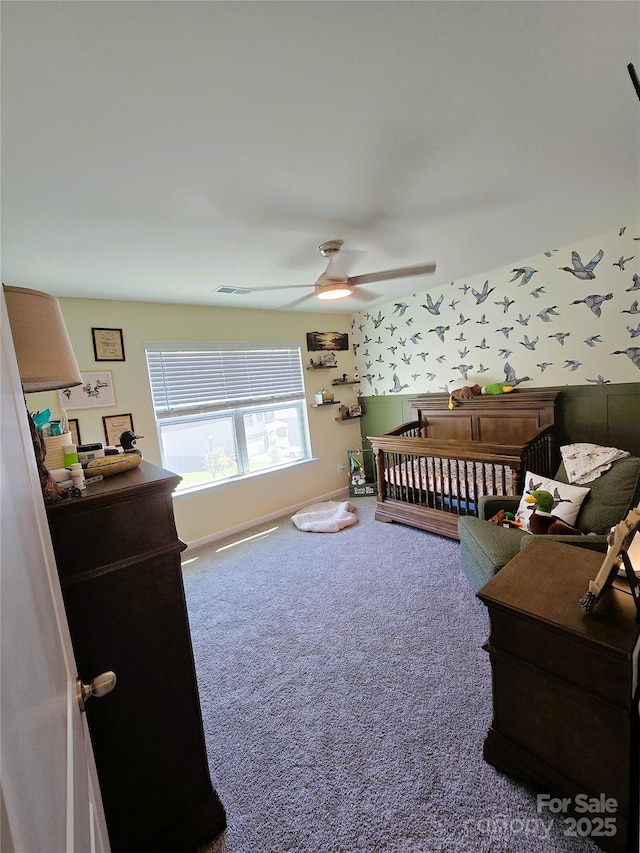 3816 Rosewood Dr, Mount Holly, NC 28120 - carpeted bedroom with ceiling fan and wallpapered walls