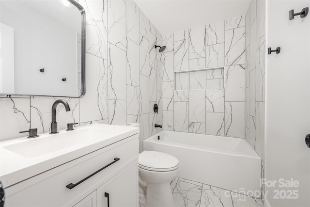 3941 Briarhill Dr, Charlotte, NC 28215 - bathroom with marble look tiles, toilet, vanity, and shower / tub combination