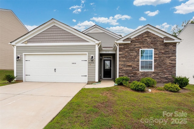 10410 Bradstreet Commons Way, Charlotte, NC 28215 - view of front of property featuring a garage, concrete driveway, stone siding, and a front lawn