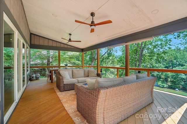10043 Tepa Pl, Tega Cay, SC 29708 - sunroom featuring outdoor lounge area, ceiling fan, lofted ceiling, and healthy amount of natural light