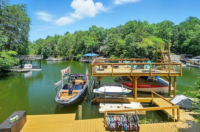 10043 Tepa Pl, Tega Cay, SC 29708 - dock area featuring boat lift, a water view, and view of wooded area