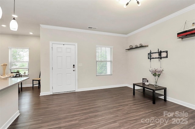 11733 Mesquite Rd, Huntersville, NC 28078 - entrance foyer with dark wood-style floors, healthy amount of natural light, crown molding, and baseboards