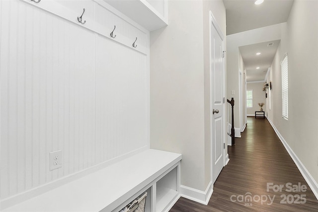11733 Mesquite Rd, Huntersville, NC 28078 - mudroom featuring baseboards, dark wood-style flooring, and recessed lighting