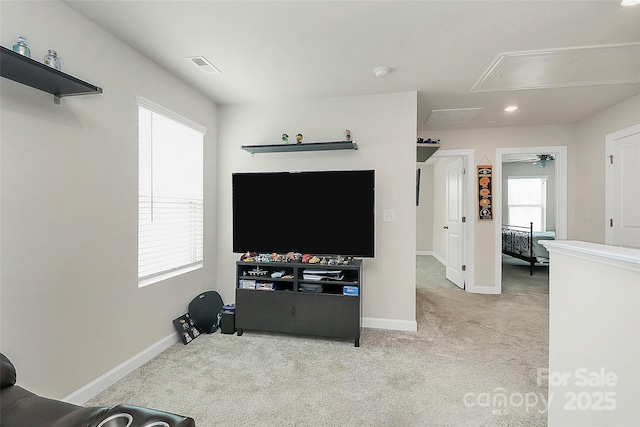 11733 Mesquite Rd, Huntersville, NC 28078 - carpeted living area with attic access, baseboards, and recessed lighting
