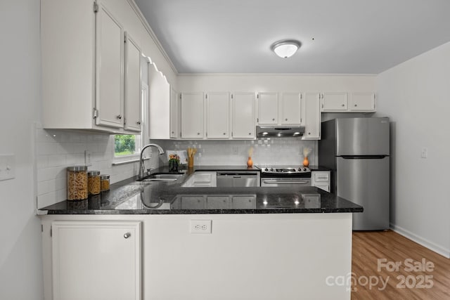 146 Duff St, Gastonia, NC 29715 - kitchen with a sink, under cabinet range hood, appliances with stainless steel finishes, a peninsula, and decorative backsplash