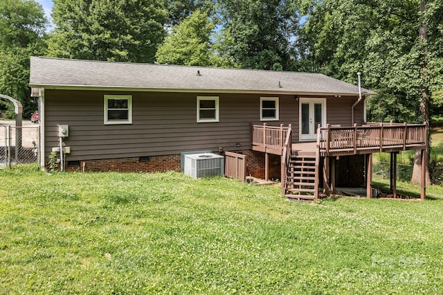 146 Duff St, Gastonia, NC 29715 - back of property with a wooden deck, central AC unit, stairs, crawl space, and a shingled roof