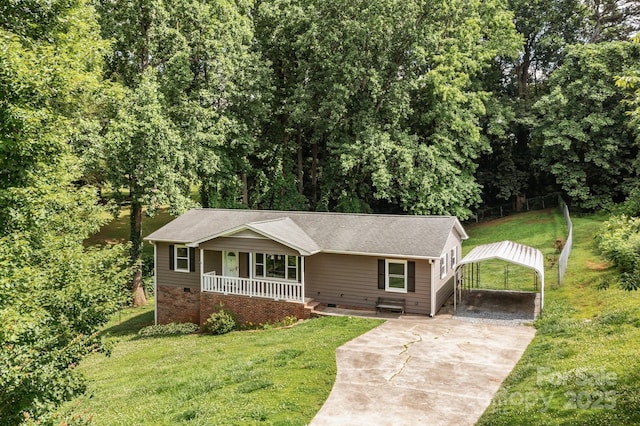 146 Duff St, Gastonia, NC 29715 - ranch-style home featuring a porch, a carport, crawl space, and a front lawn