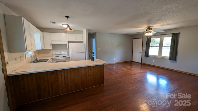 711 Burtonwood Ln, Lincolnton, NC 28092 - kitchen featuring white appliances, a sink, a peninsula, under cabinet range hood, and dark wood finished floors