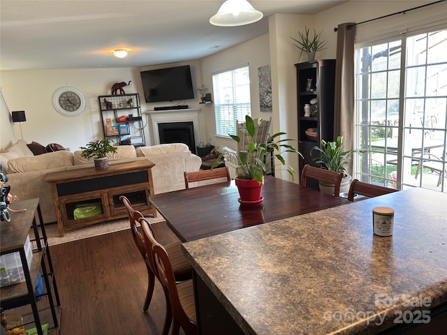 1818 Windy Willow Ln, Dallas, NC 28034 - dining space featuring dark wood finished floors and a fireplace