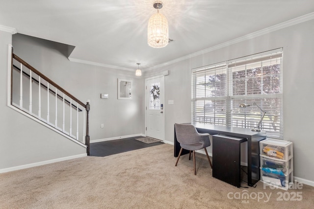 1398 Kent Downs Ave SW Unit 52, Concord, NC 28027 - foyer entrance with carpet, a chandelier, crown molding, baseboards, and stairs
