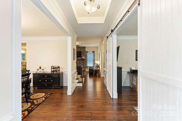 274 Cove Creek Loop, Mooresville, NC 28117 - entryway with a barn door, dark wood-type flooring, a decorative wall, a raised ceiling, and ornamental molding