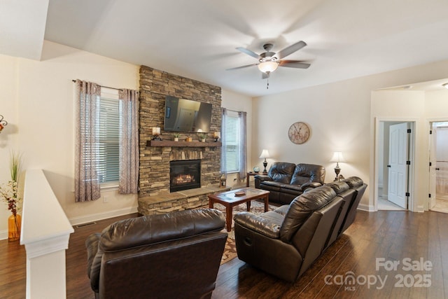 274 Cove Creek Loop, Mooresville, NC 28117 - living area with dark wood-style floors, a stone fireplace, and ceiling fan