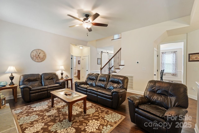 274 Cove Creek Loop, Mooresville, NC 28117 - living area featuring a ceiling fan, wood finished floors, and stairs