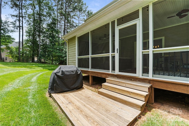 274 Cove Creek Loop, Mooresville, NC 28117 - wooden terrace with a ceiling fan, grilling area, a sunroom, a yard, and entry steps