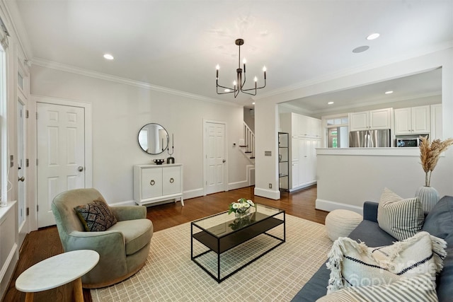 2223 Club Rd, Charlotte, NC 28205 - living area featuring a chandelier, stairs, ornamental molding, dark wood finished floors, and recessed lighting