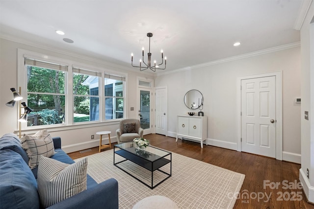 2223 Club Rd, Charlotte, NC 28205 - living room featuring a chandelier, wood finished floors, crown molding, and recessed lighting