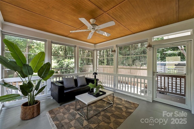 2223 Club Rd, Charlotte, NC 28205 - sunroom / solarium with wood ceiling, a ceiling fan, an outdoor hangout area, and concrete floors