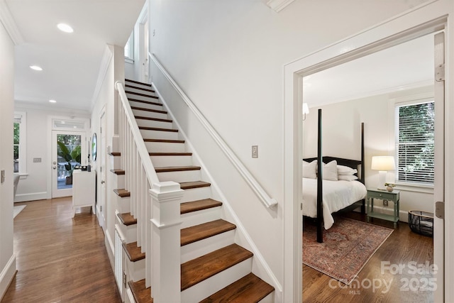 2223 Club Rd, Charlotte, NC 28205 - stairs featuring wood finished floors, ornamental molding, and recessed lighting