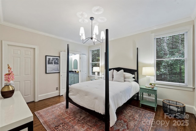 2223 Club Rd, Charlotte, NC 28205 - bedroom with a chandelier, ornamental molding, and dark wood-style flooring