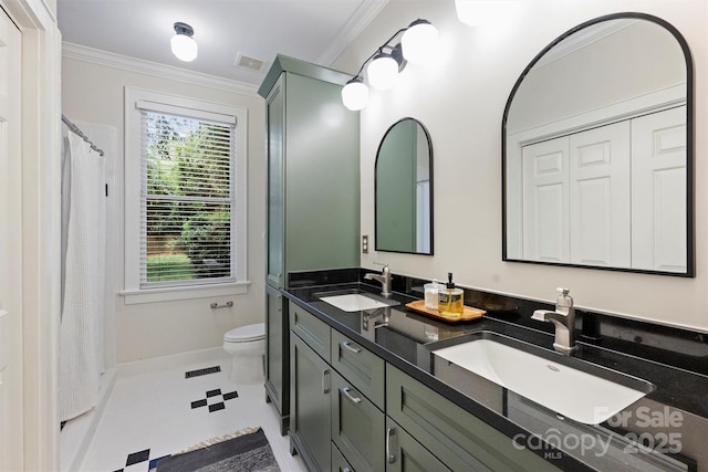 2223 Club Rd, Charlotte, NC 28205 - full bath with ornamental molding, double vanity, and a shower with shower curtain