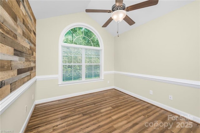 202 Watchtower Ct, Winston Salem, NC 27127 - empty room featuring vaulted ceiling, wood finished floors, a ceiling fan, and baseboards