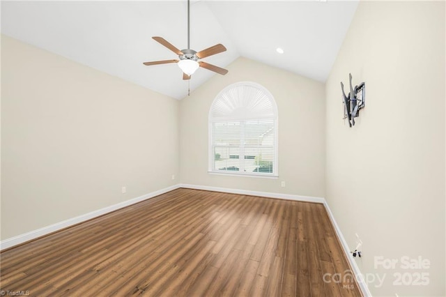 202 Watchtower Ct, Winston Salem, NC 27127 - empty room featuring ceiling fan, wood finished floors, baseboards, and lofted ceiling