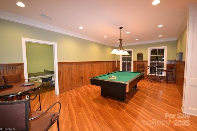 202 Watchtower Ct, Winston Salem, NC 27127 - game room featuring pool table, a wainscoted wall, light wood finished floors, recessed lighting, and ornamental molding
