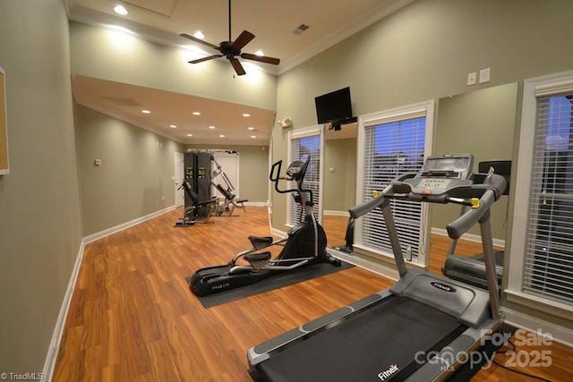 202 Watchtower Ct, Winston Salem, NC 27127 - exercise room featuring a high ceiling, wood finished floors, baseboards, ornamental molding, and a ceiling fan