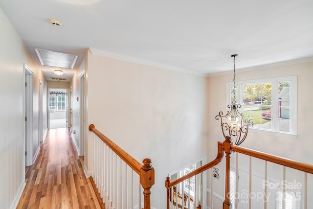 10127 Tallent Ln, Huntersville, NC 28078 - hallway featuring an upstairs landing, attic access, light wood-style flooring, healthy amount of natural light, and ornamental molding
