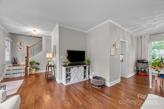 201 Windsor Forest Cir, Fletcher, NC 28732 - living room featuring stairway, wood finished floors, ornamental molding, and a textured ceiling