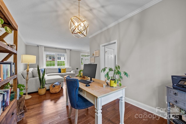 201 Windsor Forest Cir, Fletcher, NC 28732 - office featuring crown molding, wood finished floors, and a chandelier
