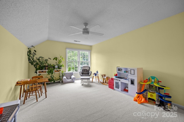 201 Windsor Forest Cir, Fletcher, NC 28732 - rec room with carpet, ceiling fan, a textured ceiling, and lofted ceiling