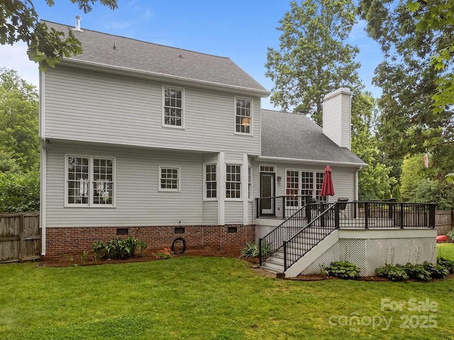 201 Windsor Forest Cir, Fletcher, NC 28732 - back of property with a deck, crawl space, a chimney, stairs, and a shingled roof