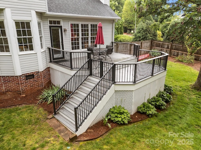 201 Windsor Forest Cir, Fletcher, NC 28732 - wooden terrace with stairway and outdoor dining space