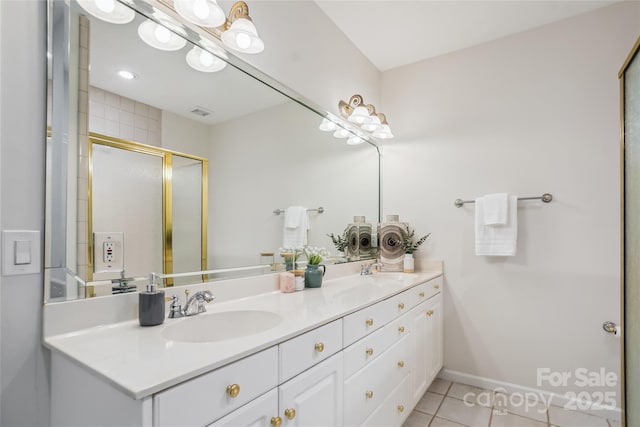 11234 Villa Trace Pl, Charlotte, NC 28277 - bathroom featuring tile patterned floors, double vanity, and a stall shower