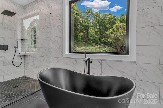 127 View Ridge Parkway, Leicester, NC 28748 - full bathroom with a freestanding tub, tiled shower, and tile walls