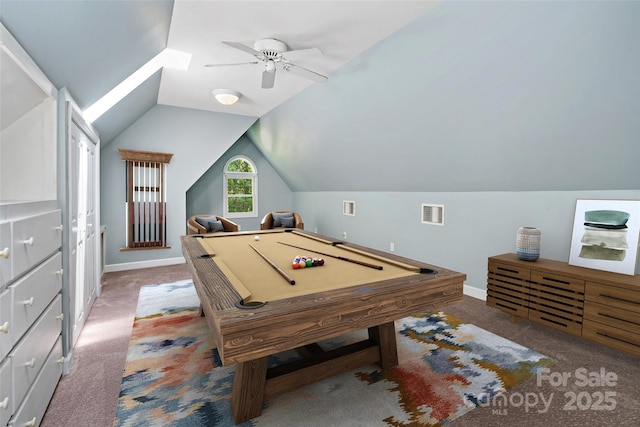 57 Rocky Branch Trl, Marion, NC 28752 - recreation room featuring carpet flooring, lofted ceiling, ceiling fan, and billiards table