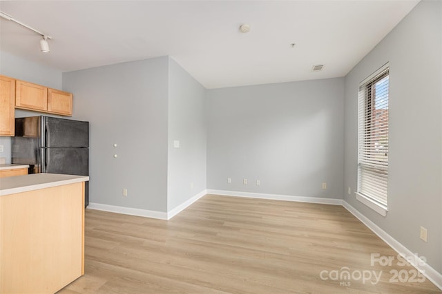 411 W Washington St, Greensboro, NC 27401 - kitchen featuring freestanding refrigerator, light wood-type flooring, baseboards, rail lighting, and light countertops