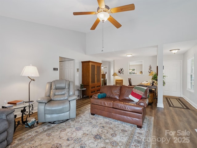 1836 Fairlawn Ct, Rock Hill, SC 29732 - living area featuring wood finished floors, ceiling fan, baseboards, and high vaulted ceiling