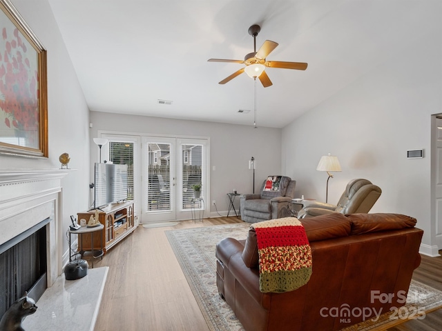 1836 Fairlawn Ct, Rock Hill, SC 29732 - living area with ceiling fan, wood finished floors, and a high end fireplace