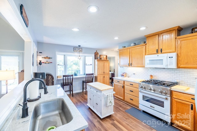 347 Hickory Mountain Rd, Sparta, NC 28675 - kitchen with white microwave, high end range, a sink, tasteful backsplash, and wood finished floors
