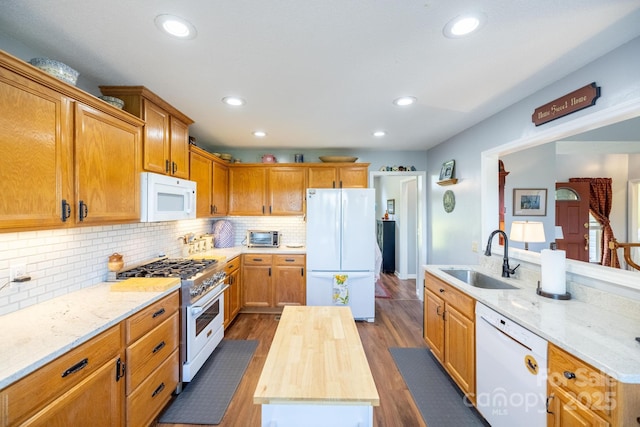 347 Hickory Mountain Rd, Sparta, NC 28675 - kitchen featuring white appliances, a sink, an island with sink, butcher block countertops, and recessed lighting