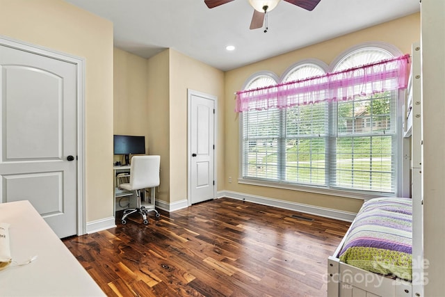 1616 Indian Springs Dr NW, Conover, NC 28613 - bedroom featuring dark wood-style flooring, an office area, baseboards, recessed lighting, and ceiling fan