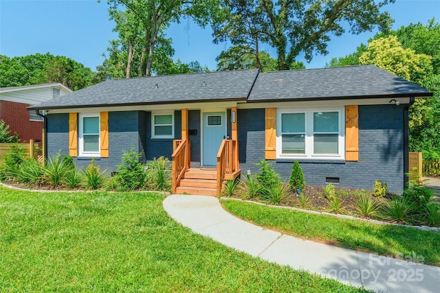 2116 Eastway Dr, Charlotte, NC 28205 - view of front of house with brick siding, a front yard, crawl space, and a shingled roof